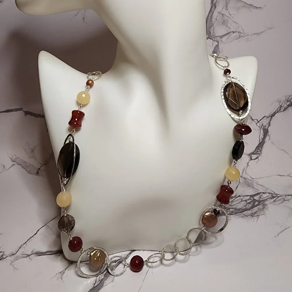 Vintage Long 925 Silver and Multi Bead Necklace